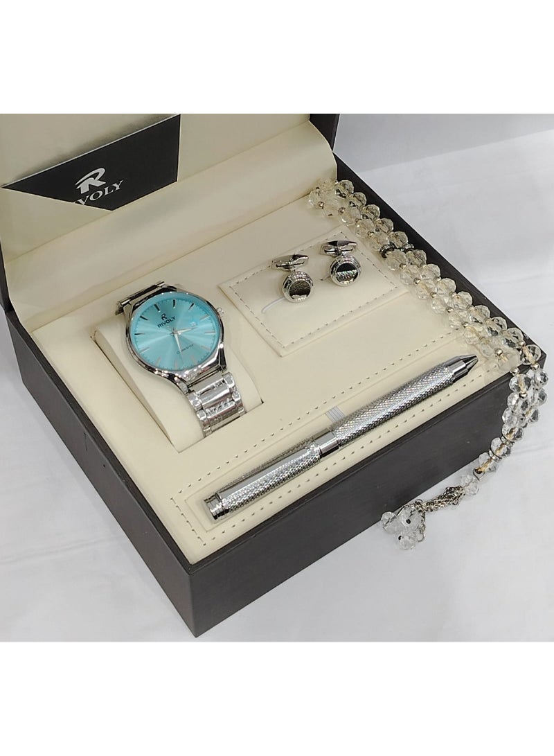 A men's gift set from the Rivoli brand consisting of a wristwatch, pen, cufflinks, and prayer beads.